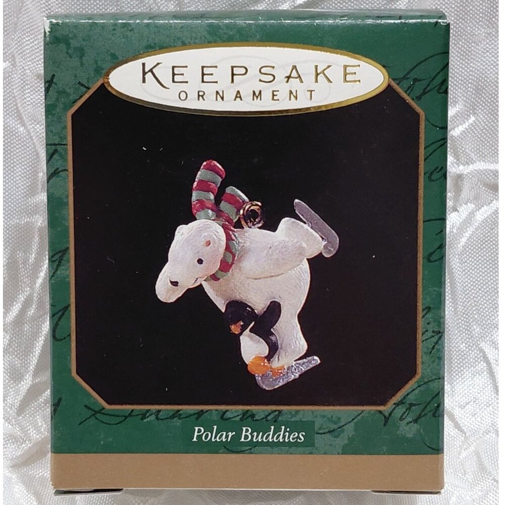 Vtg Polar Buddies Handcrafted 1997 Miniature Ice Skating Bear & Penguin Ornament